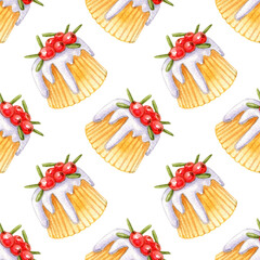 Watercolor of seamless pattern with christmas desserts. Endless texture for festive design and holiday decoration.