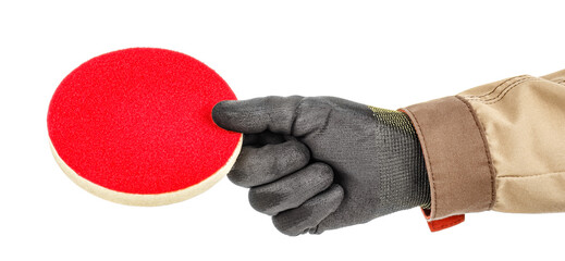 Worker hand in black protective glove and brown uniform holding by fingers bright red polishing...