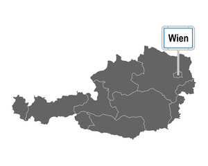 Landkarte von Österreich mit Ortsschild von Wien
