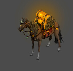 a fantasy-style pack horse carries tanks of glowing liquid on its back Concept for the game isometric