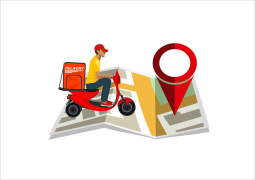 Fast and free scooter delivery. Cartoon vector illustration. Food service. Food delivery boy.