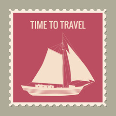 Postage stamp summer vacation Sailboat. Retro vintage design