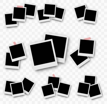 Photo Frame Collection. Polaroid photo frame set.Photo frames with realistic drop shadow vector effect isolated design.Photo frames fixed with adhesive tape on a transparent.