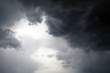 Dark thunderclouds on a gray sky. Weather forecast. Thunderstorm and storm..