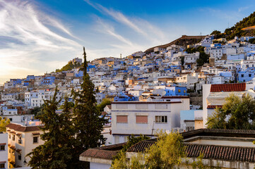 Fototapeta na wymiar It's Panorama of Chefchaouen, Morocco. Town famous by the blue painted walls of the houses