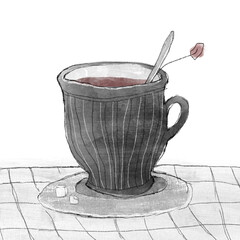 Illustration with cup of tea on the table in black outline doodle style with texture. Hand drown artwork for your design. Sketch with black tea, sugar and spoon. For magazine, poster and concept