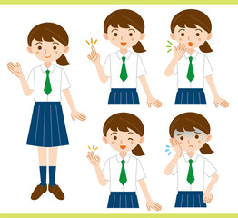 制服を着た女子学生の表情ポーズイラストセット/夏服/白背景