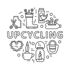 Upcycling contour round template for print bag, poster, banner. Reuse of waste, old things. DIY emblem. Environment concept. Line art icons with lettering. Black vector illustration, white background