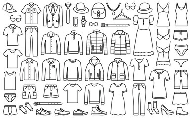Woman and man clothes and accessories collection - fashion wardrobe - vector icon outline illustration - 358996576