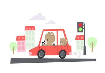 Cute cartoon bears riding the car through city streets.