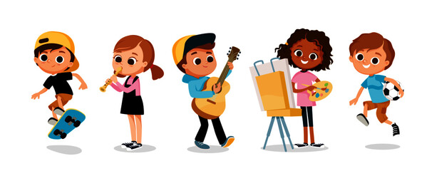 Child music band. Children playing music.Cartoon kids playing musical instruments and singing.