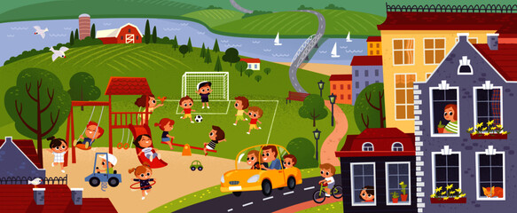 City landscape with houses and kids playing in the yard. Happy kids playing in the yard. Landscape with colorful european city, green fields, river. Kids summer activities outdoors. Green colorful cit