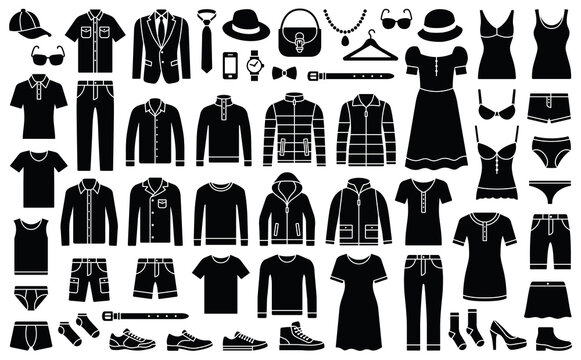 Woman and man clothes and accessories collection - fashion wardrobe - vector icon silhouette illustration