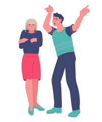 Family conflict and problems in couple relationships concept. Arguing and quarreling man and woman characters. Abuse in family and crisis in  communication. Vector illustration isolated on white.