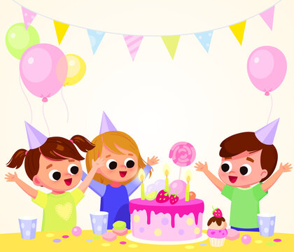 Happy children with cake and balloons at the Birthday party. Invitation poster 