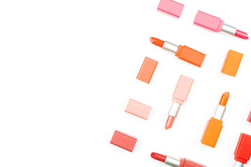 color pastel lipstick arraged on white background