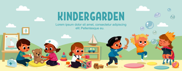 Kids play together in kindergarden. Playroom with children.