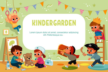Fototapeta premium Children play in kinder garden. Preschool kids have fun.