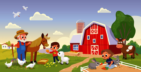 Kids feed the animals at the farm. Boy feeding pony. Girl feeding rabbit. 