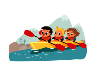 Kids in canoe. Summer activity.  School children kayaking.