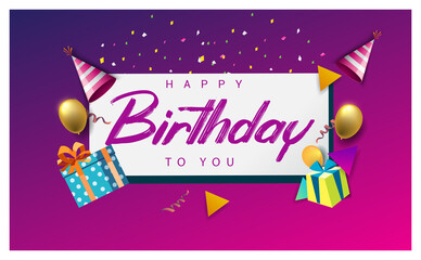 Happy Birthday typography vector design for greeting cards and poster with balloon, confetti and gift box, design template for birthday celebration.