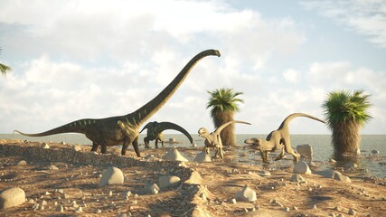 3d rendering of the walking and grazing mamenchisaurus dinosaur