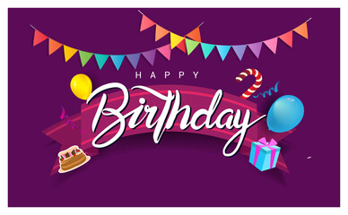 Happy Birthday typography vector design for greeting cards and poster with balloon, confetti and gift box, design template for birthday celebration.