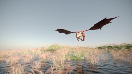 3d rendering of the fantasy re dragon flying