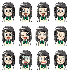 高校生　女子　女子高生　顔　喜怒哀楽　バリエーション　アイコン　表情　セット　ひとそろい　笑顔　笑う　ウインク　困る　冷や汗　目を閉じる　驚く　びっくり　焦る　真っ青　怒る　安心　制服　学生　中学生　中高生　生徒　教育　学校　スクール　授業　学習　勉強　予備校　塾　試験　受験生　受験　夏期講習　夏服　10代　学生服　半袖　かわいい　若い　女子　女の子　女性　女子学生　アニメ　まんが　キャラクター　