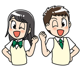 高校生　男女　セット　ガッツポーズ　中学生　制服　学生　中高生　生徒　ウインク　教育　学校　スクール　授業　学習　勉強　予備校　塾　試験　受験生　受験　夏期講習　夏服　10代　学生服　半袖　かわいい　若い　男　女　男の子　女服　男子学生　女子学生　男性　女性　アニメ　マンガ　まんが　元気
漫画　キャラクター　manga