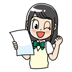 高校生　女子　女子高生　ガッツポーズ 　テスト　プリント　勉強　制服　学生　中学生　中高生　生徒　ウインク　テスト　テスト用紙　答案用紙　答案　教育　学校　スクール　授業　学習　勉強　予備校　塾　試験　受験生　受験　夏期講習　机　夏服　10代　学生服　半袖　かわいい　若い　女子　女の子　女性　女子学生　アニメ　マンガ　まんが　
漫画　キャラクター　元気　manga