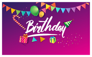Happy Birthday typography vector design for greeting cards and poster with balloon, confetti and gift box, design template for birthday celebration.