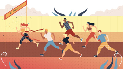 Concept Of Sports Competition Of Jogging. Sportsmen Dressed in Sports Clothes Running Marathon Or Sprint Race On Track. Woman Champion Crossed Finish Line. Cartoon Flat Style. Vector Illustration