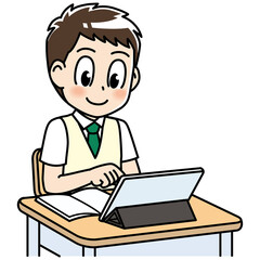 高校生　男子　男子高生　テスト　勉強　制服　学生　中学生　中高生　生徒　机　タブレット　タブレットPC　タブレット端末　オンライン授業　e-ラーニング　ipad 　インターネット　コンピュータ　教育　学校　スクール　授業　学習　勉強　予備校　塾　試験　受験生　受験　夏期講習　夏服　10代　学生服　半袖　かわいい　若い　男　男の子　男性　男子学生　アニメ　マンガ　まんが　漫画　キャラクター　　