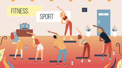 Concept Of Fitness, Health care And Active Sport. Men And Women Are Exercising In Gym Looking At Personal Trainer. Characters Are Taking Fit Classes Together. Cartoon Flat Style Vector Illustration