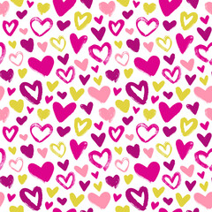 Hearts painted brush strokes. Seamless vector pattern with hearts.