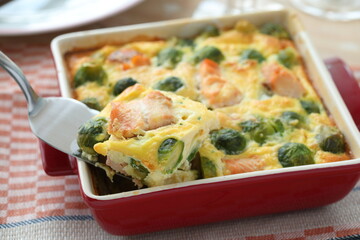 Salmon and Brussels sprout gratin