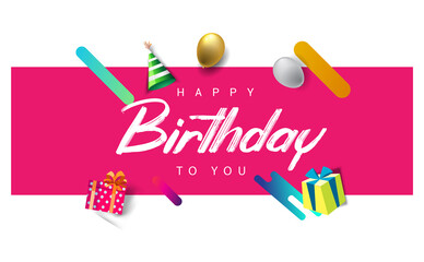 Happy Birthday typography vector design for greeting cards and poster with balloon, confetti and gift box, design template for birthday celebration.