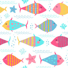 Seamless vector pattern with cute fishes in bright colors.