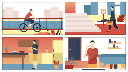 Man Everyday Leisure Routine And Work Activities Concept. Bundle Of Daily Life Scenes. Boy Cooking Meal In Kitchen, Riding Bicycle, Washing Teeth, Going To Work. Cartoon Flat Vector Illustrations Set