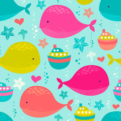 Seamless pattern with whales, steamboats, starfish and hearts. Cute vector illustration in childish style. Vibrant color palette.