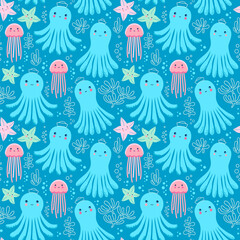 Seamless childish pattern with starfish, octopus, corals, and jellyfish. Vector background with cute octopuses.