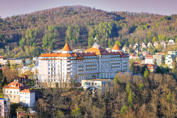Aerial view of Karlovy Vary, Hotel Imperial. Czech Republic.