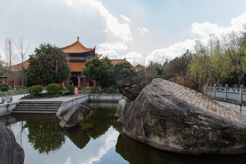 Fototapeta premium February 2019. Dali, China. The Three Pagodas are located in the Chongsheng temple. Buildings that make up the temple.