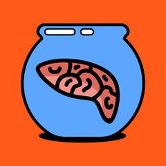 illustration for halloween with blue glass jar with a part of the human brain. Modern design for packaging, paper, fabric. print for clothes