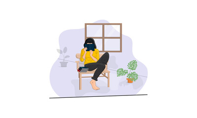 Young woman reading book relaxing sitting in chair and stack of books. Flat design vector illustration isolated on white background.