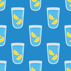 Lemon water concept vector seamless pattern background. Glass of water with lemon slices.