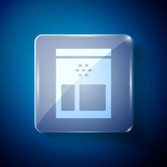 White Bag of coffee beans icon isolated on blue background. Square glass panels. Vector Illustration.