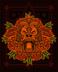 Gorilla head with rose flower on pattern background-vector retro illustration.