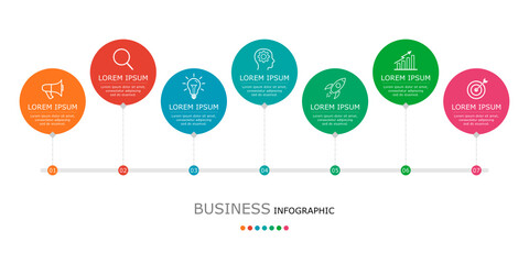 Business infographic Vector with 7 steps.Used for presentation,information,education,connection,marketing, project,strategy,technology,learn,brainstorm,creative,growth,abstract,stairs,idea,text,work.